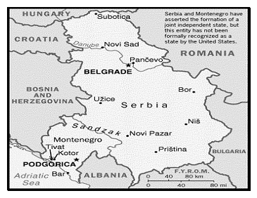 Map of Serbia and Montenegro with geographical position of Belgrade and location of other participating centers